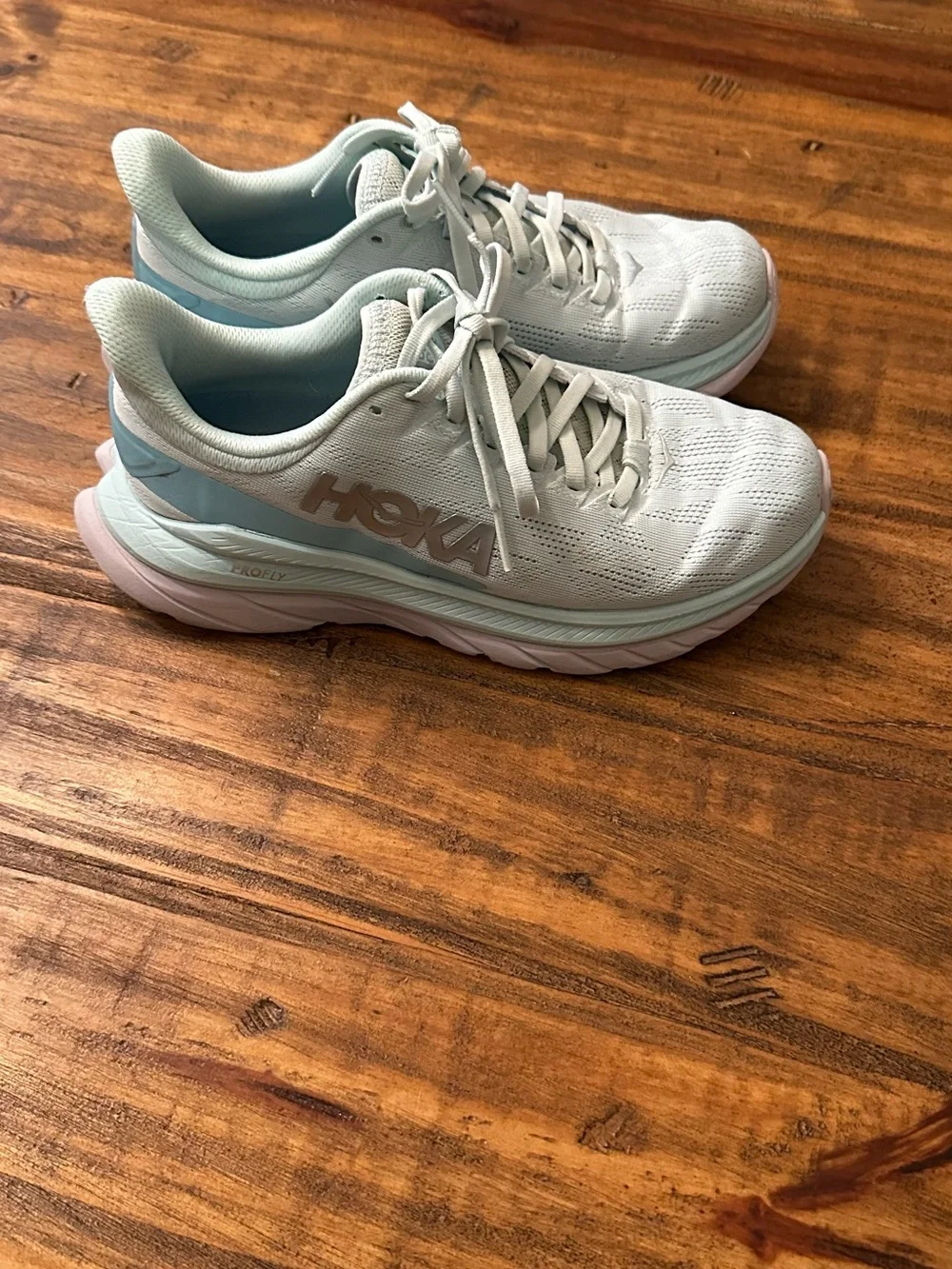 Hoka One One Women's Mint and Light Pink Cushioned Running Sneakers